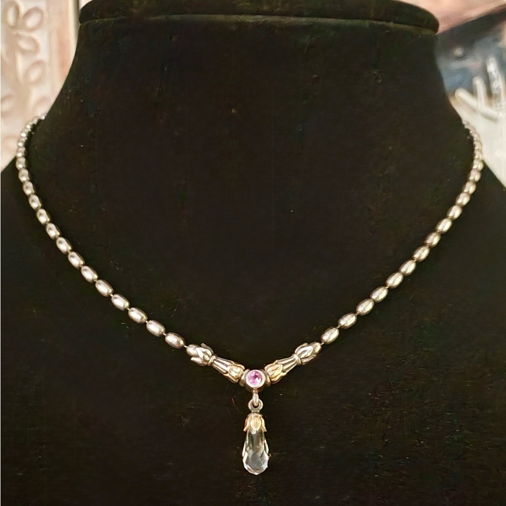 RARE!! Vintage LAGOS Caviar Toggle Necklace with Pink Sapphire Stone and Crystal